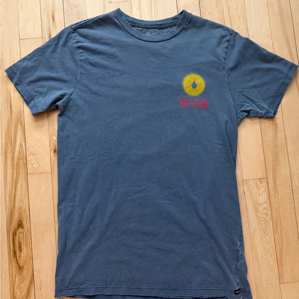 Volcom Slate Blue Tee with Yellow and Red Design